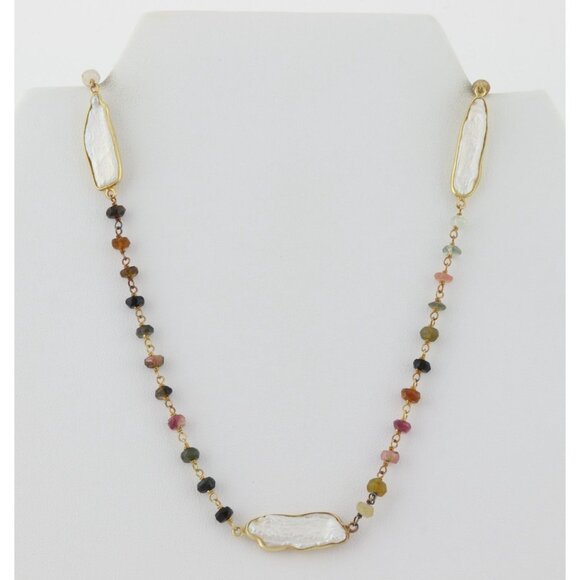 Gold Over Sterling Silver Natural Tourmaline and Keshi Pearl Necklace 24" - Picture 7 of 8